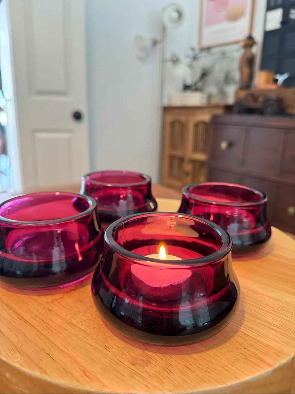 Vintage Ikea Maroon Glass Candle Holders, Set of 2
